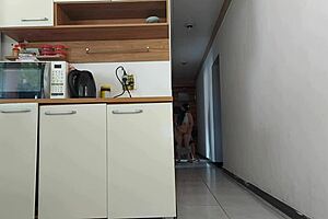 Risky kitchen sex with husband's friend while he's showering!