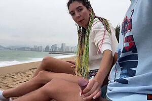 Watching you jerk off, let me help cum on beach