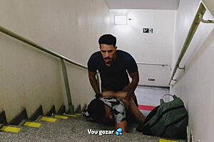 I found two guys fucking on the shopping stairs and felt so excited I decided to join