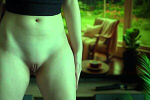 Brunette babe tries on panties, pees standing with intense flow