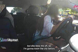 Hot wife Thay Ksada flashes in car for stranger. He even got to touch her big tits!