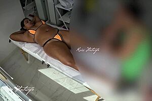 I used my naughty bikini for massage, masseur got horny seeing my pussy jump out