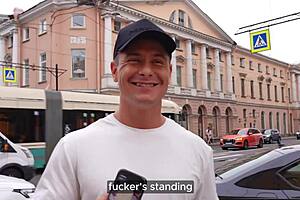 vlogger meets hot chick with big tits in hallway and chats at home