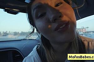 I love teasing with my big natural boobs in the car, especially with Tomie Tang and Charles Dera watching.