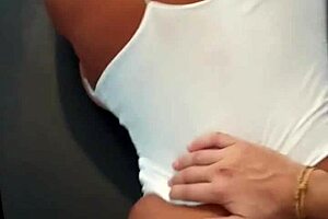 dirty brunette flashes big tits for handjob orgasm 😈