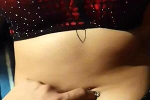 Sexy latina amateur relaxes with belly button massage from partner, leading to cum on natural tits and fetish play