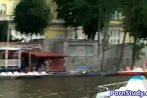 Eurobabe boldly strips naked in public, rides waterbike fetish