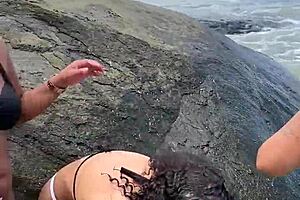 Hey, we're the hairy crew getting wild on the beach with group action!