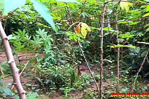 Black milf rides cowgirl outdoors with hairy bush and handjob