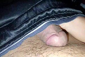 Girlfriend jerks boyfriend's monster cock to orgasm in public fetish