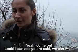 Euro brunette flashing in public for cash with voyeur pov.