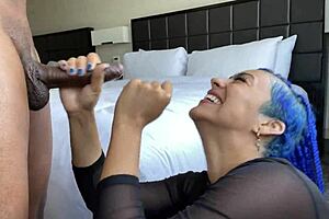 blue hair throatgoat gives sloppy blowjob with so much passion
