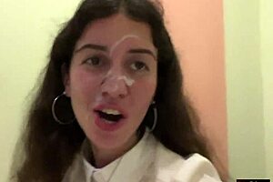 girl eats lunch with cum on face in cafe