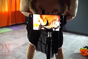 Regina Noir As Halloween Witch Teases In Yellow Pantyhose At Old House Stairway.