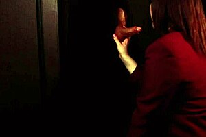 student in uniform sucks cock at the gloryhole with neighbors watching