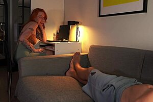 Nerdy Redhead Reveals Tits While Sucking Cock?