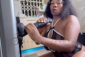 Hot milf camgirl fucks 14 inches dildo on fridge in the kitchen full video on membership.