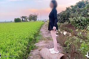 Young Asian Couples Banging in Open Rice Field with Cute Teen Slut