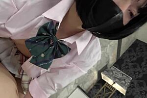 Uncensored Japanese beauty in uniform cosplay gives blowjob and creampie sex! 😍