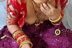 The stepbrother pulls out the sister-in-law's breasts on the bed in lehenga blouse
