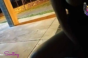 Hot slut's big tits bouncing on monster black cock in public