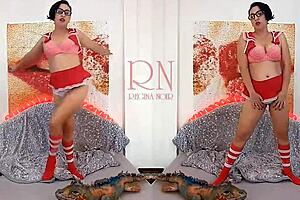 girl in sexy school uniform dances, strips panties, plays with big iguana toy, double regina