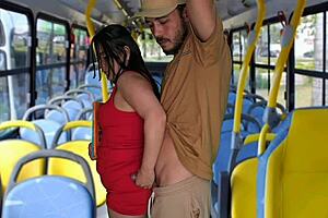 Brunette student gets handjob and fucked on public bus