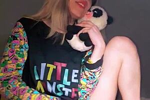 Why don't you watch me in my pajamas, using a dildo and stuffed animal for solo fun?