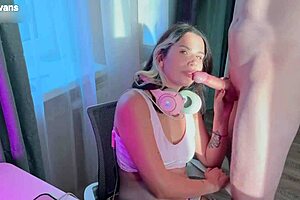 The stunning stepsister with natural tits and pretty brown eyes practiced her footjob and blowjob skills on him. She licked balls while giving a sloppy deepthroat in pov.