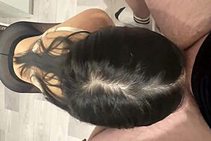 Brunette student gives good blowjob to friend with cum in mouth