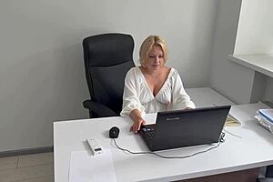 Office Secretary Relaxes at End of Working Day by Masturbating to Porn at Workplace