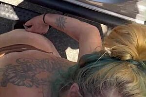 This cheating blonde whore gave a deepthroat blowjob to her co-worker in public during the day. She took a facial cumshot right there outdoors.