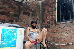 My slutty neighbor in the yard showing her pussy under her dress - she's got big tits, fat ass, and tattoos making it so hot