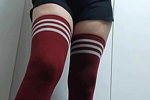 cheeky change room try-on with slutty tops, going topless and nude in thigh high socks without panties