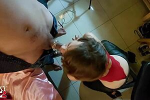 French amateur in red satin bodysuit gives deepthroat and rimjob