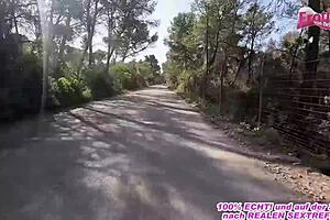 Skinny blonde German milf hitchhiker gets picked up and fucked on Mallorca in a wild outdoor car adventure