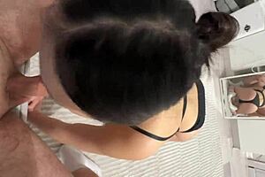 Cum in my little 18+ mouth after teasing blowjob from brunette teen amateur!