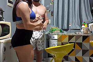 neighbor surprises woman in kitchen with big clit and athletic body