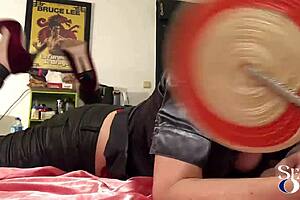 white amateur milf in green leather pants red satin bodysuit heels hints at doggy style pov ass licking blowjob spanking