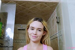 Shy teen 18+ blonde takes shower on sofa before petite mother-in-law massage interview