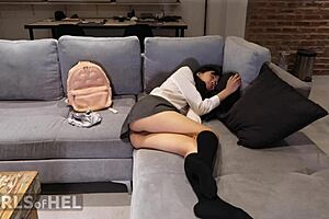 Don't worry, I won't tell mommy about this cute teen licking shaved pussy in uniform with daddy