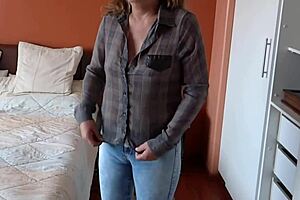 totally naked stepmother shows off and wears jeans without panties in bedroom