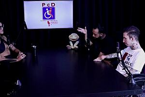 Elisa Sanchez records podcast with Bia Hot discussing oral techniques and family topics on Sheer Red.