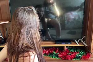 stepsister did the housework and helped stepbrother remove dicks erection with her big tits and pretty face