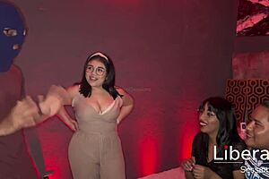 My friend watches as Latina wife takes two big cocks in MMF swingers session with blowjob, bent over doggystyle, and cuckold husband voyeur action in lingerie.