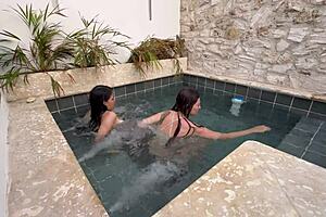 Hot Lesbians Masturbate In Public Pool