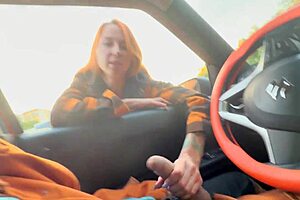 i flashed my dick in the car and this stranger girl caught me jerking off, showing her big tits to help with public blowjob