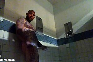 Prison solo session with wet cumshot from tattooed big white cock
