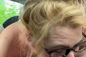 Streetwalker in glasses deepthroats cock, yet eagerly swallows every last drop of cum from mouth.