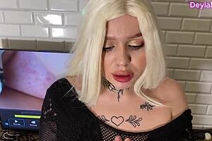 girlfriend caught me jerking off to busty stepmom with huge tits. she joined in with blowjob and fucking.